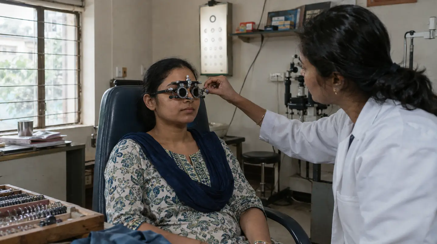 An eye chart on the wall, a patient wearing a trial frame, an optometrist adjusting lenses