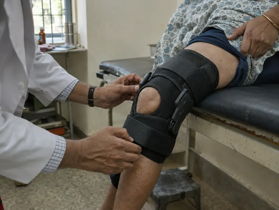 A doctor's hands adjusting a knee brace on a patient's leg on an examination couch