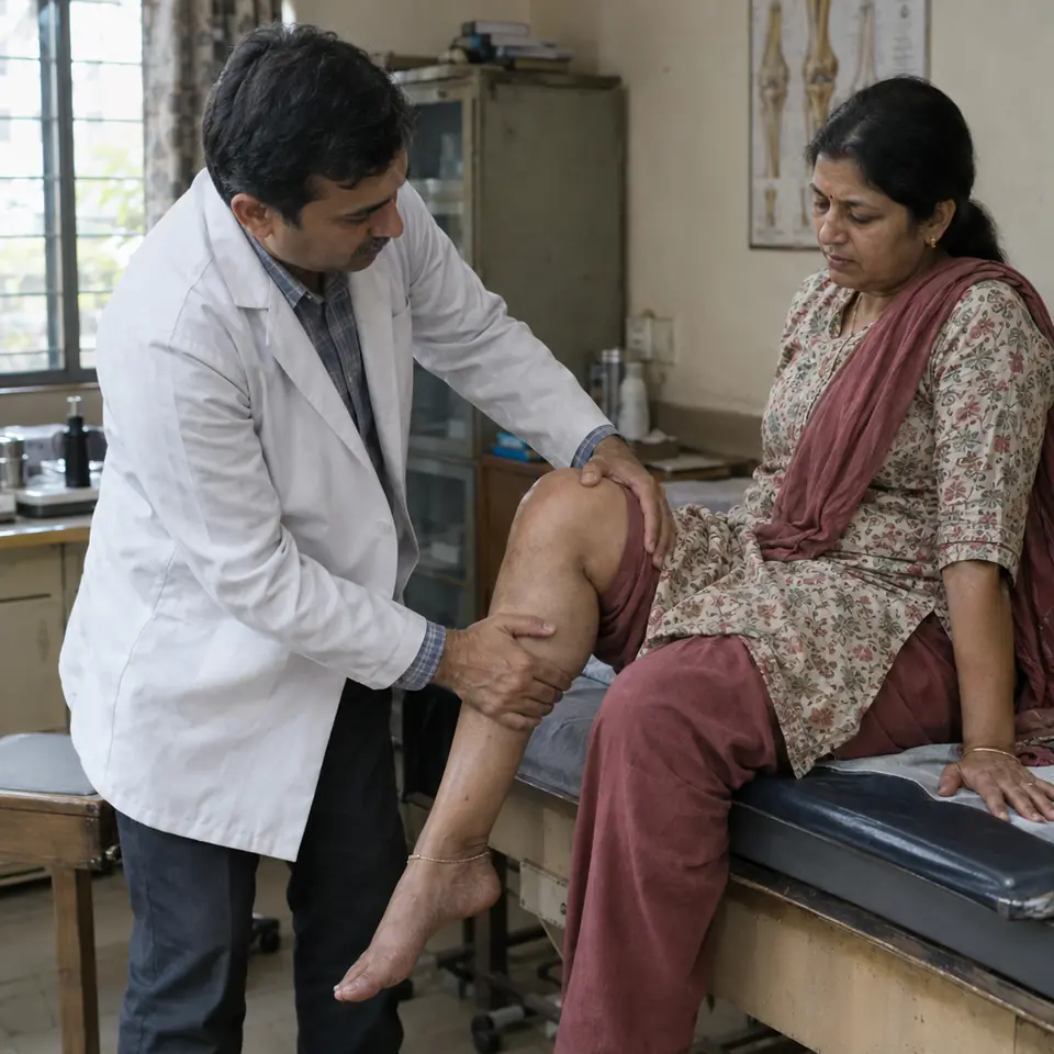 An Indian male orthopaedic surgeon in his forties examining the knee of an Indian woman in her fifties sitting on an examination couch, bending her knee gently