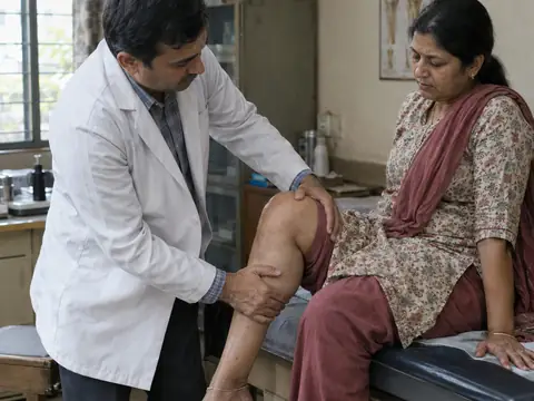 An Indian male orthopaedic surgeon in his forties examining the knee of an Indian woman in her fifties sitting on an examination couch, bending her knee gently