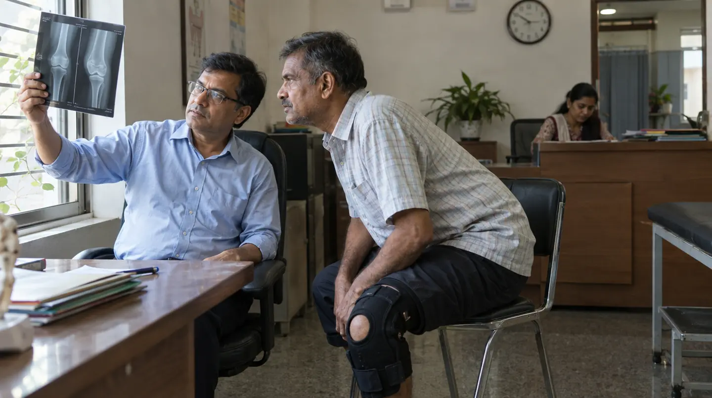An orthopaedic surgeon holding a knee X-ray up to the window light while a patient with a knee brace leans in to look