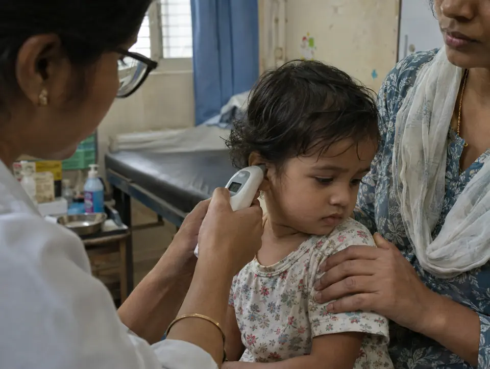 A doctor's hand reading a digital thermometer held near a toddler's ear while the mother's hand rests on the child's shoulder