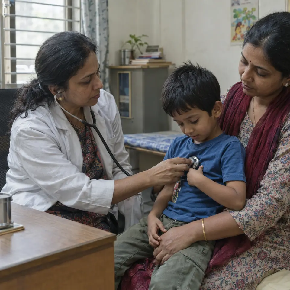 An Indian woman paediatrician in her forties listening to a five-year-old boy's chest with a stethoscope as he sits on his mother's lap, the boy looking curiously at the stethoscop