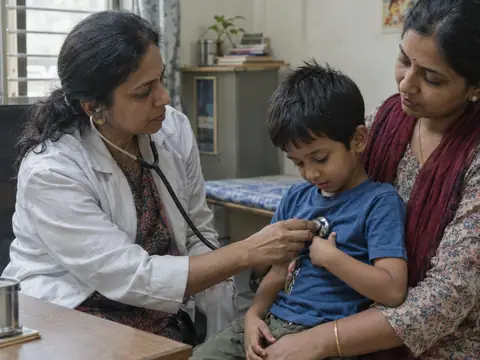 An Indian woman paediatrician in her forties listening to a five-year-old boy's chest with a stethoscope as he sits on his mother's lap, the boy looking curiously at the stethoscop