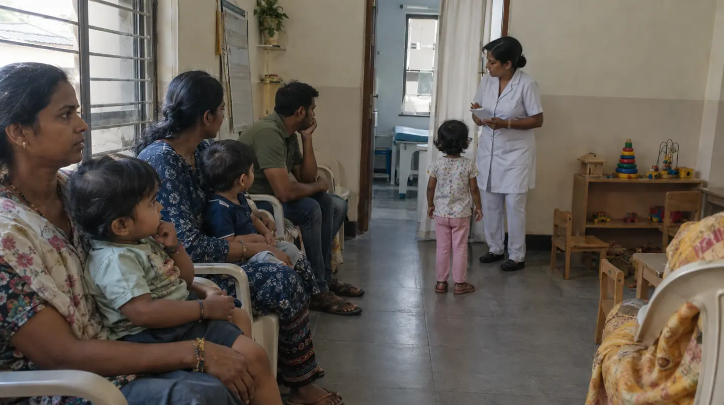 Parents with toddlers on plastic chairs, a small corner with a few wooden toys, a nurse calling the next child