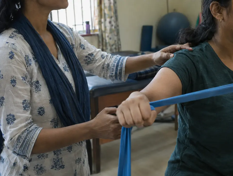 A therapist's hands guiding a patient's shoulder through a stretch with a resistance band