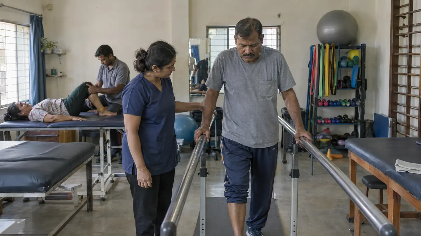 Treatment tables, exercise bands and dumbbells on a rack, a patient walking between parallel bars with a therapist beside him