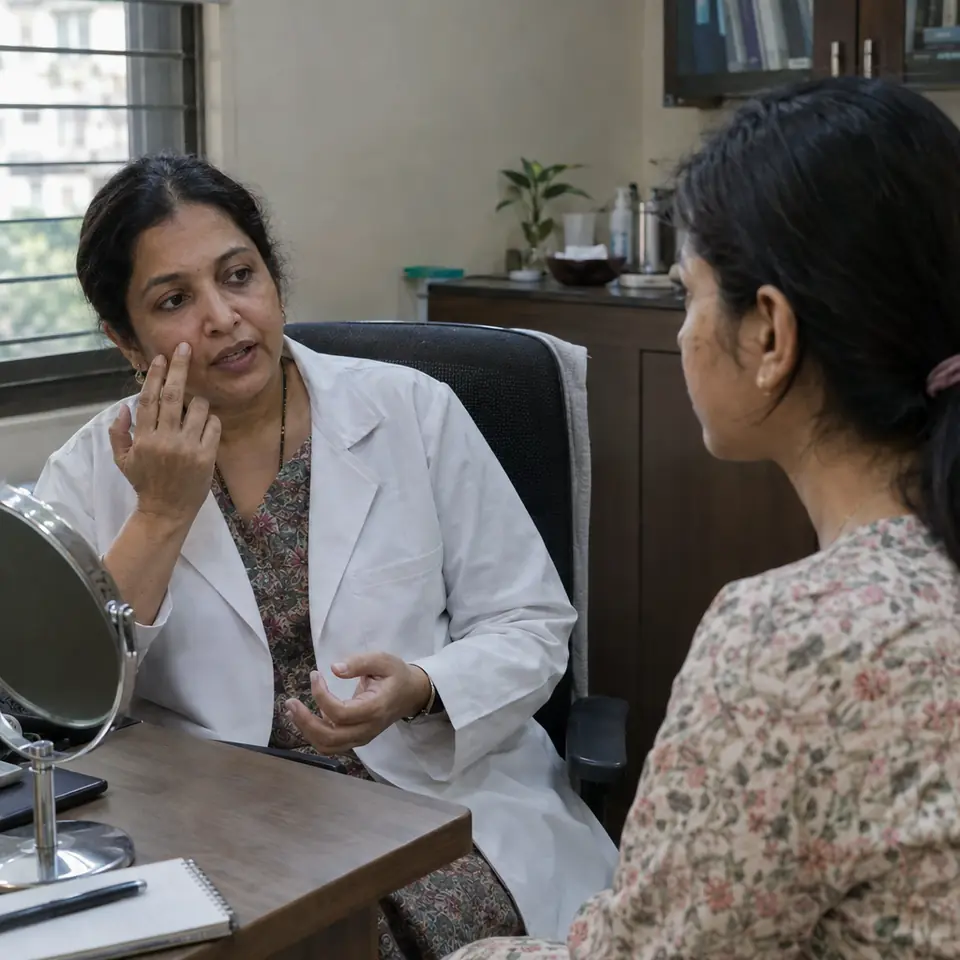An Indian woman plastic surgeon in her forties in a calm consultation with an Indian woman in her thirties, the surgeon gesturing toward her own cheek while explaining