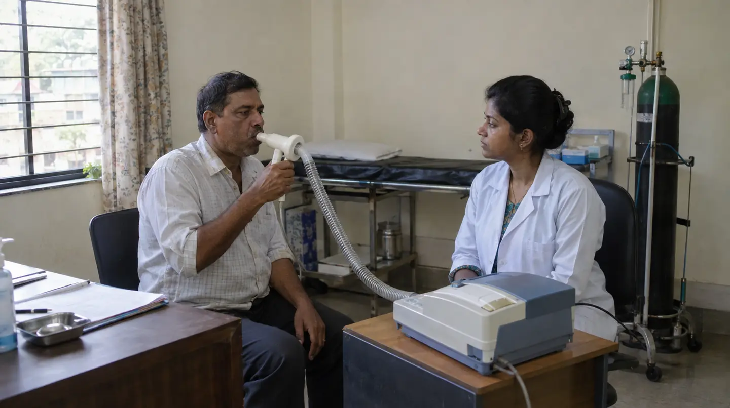 A patient blowing into a spirometer mouthpiece while a technician watches, an oxygen cylinder on a stand in the corner