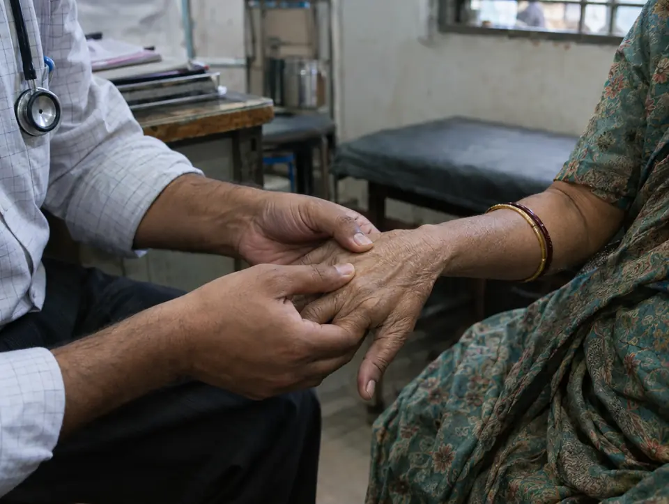 A doctor's hands gently pressing the knuckles of an older woman's hand