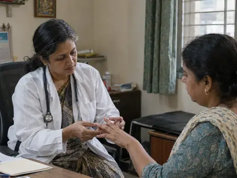 An Indian woman rheumatologist in her fifties gently examining the finger joints of an Indian woman patient in her fifties