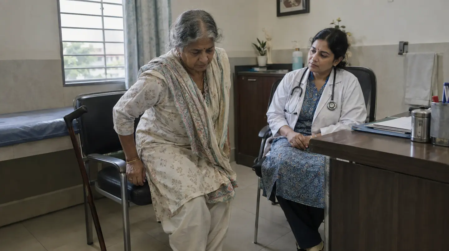An older patient slowly rising from a chair with the doctor watching, a walking stick leaning nearby
