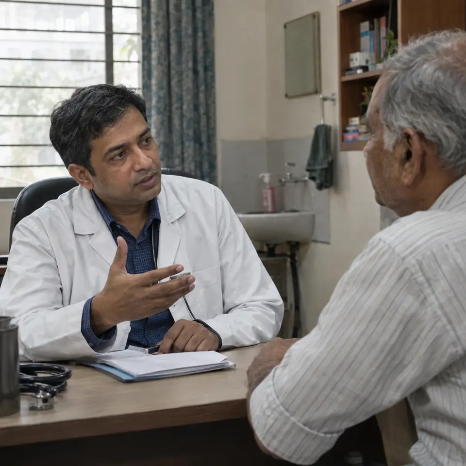 An Indian male urologist in his forties in calm consultation with an Indian man in his sixties across a desk, explaining with a hand gesture