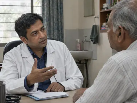An Indian male urologist in his forties in calm consultation with an Indian man in his sixties across a desk, explaining with a hand gesture