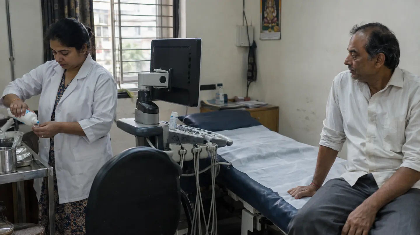 An ultrasound machine beside an examination couch, the doctor preparing gel